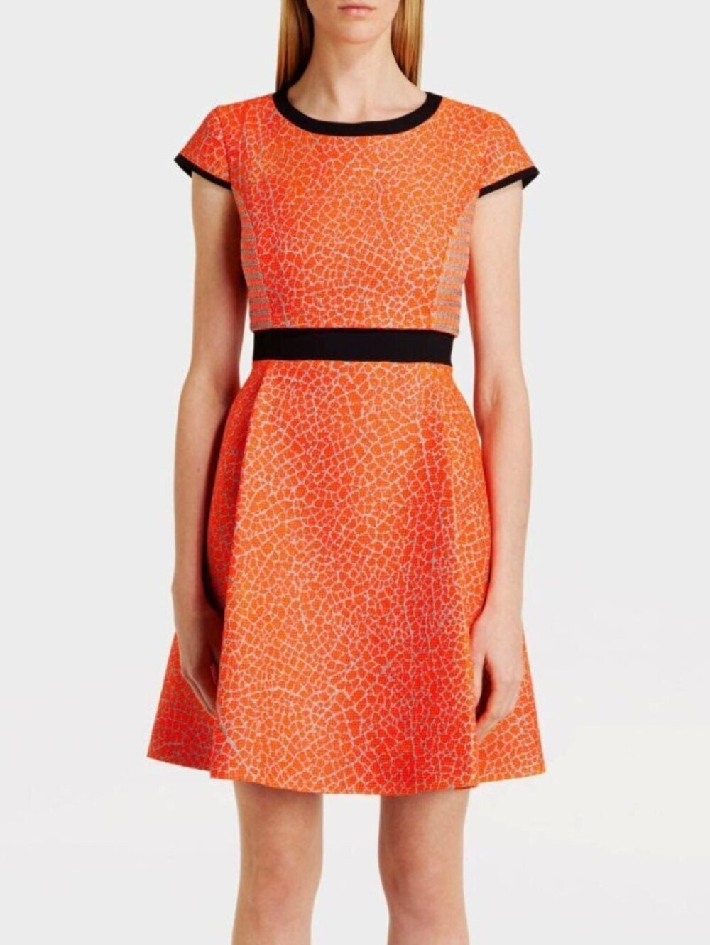 Ted Baker Qiara Neon Orange Jacquard Fit & Flare Dress Black Trim- Size 4